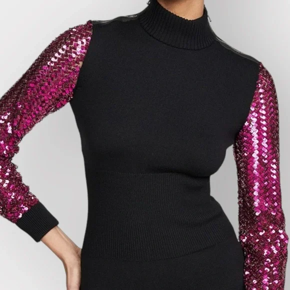 Nwt MOSCHINO Couture Black Sweater Mock Neck Dress Sequin Sleeves - Picture 9 of 11